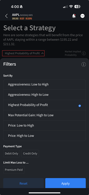 The options wizard filter on the iPhone. 